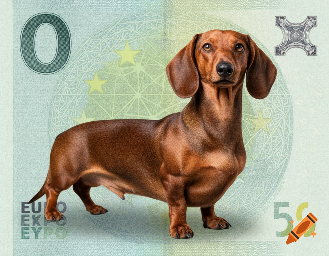 A brown dachshund stands on a green 0 Euro souvenir banknote, featuring European stars and intricate patterns.