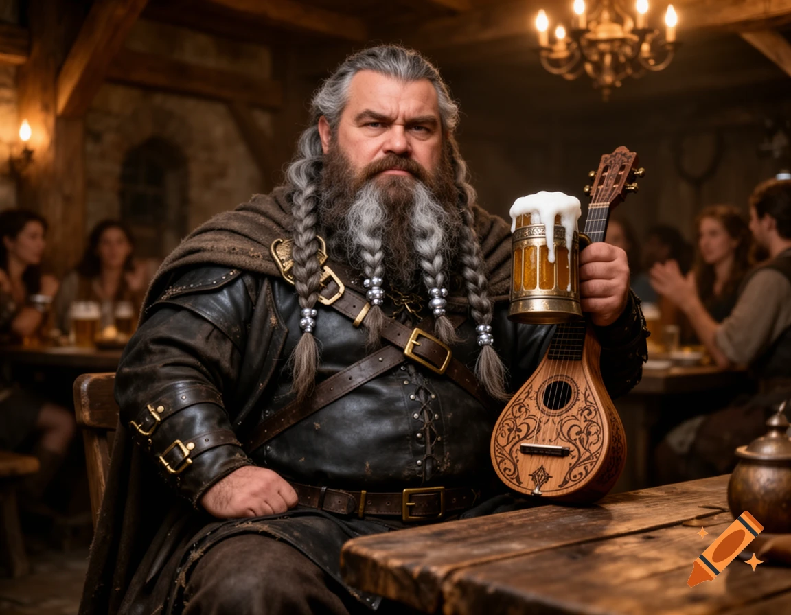 A stern-looking, grey-bearded man in leather armor sits in a dimly lit tavern, holding a foamy tankard of beer and a mandolin.