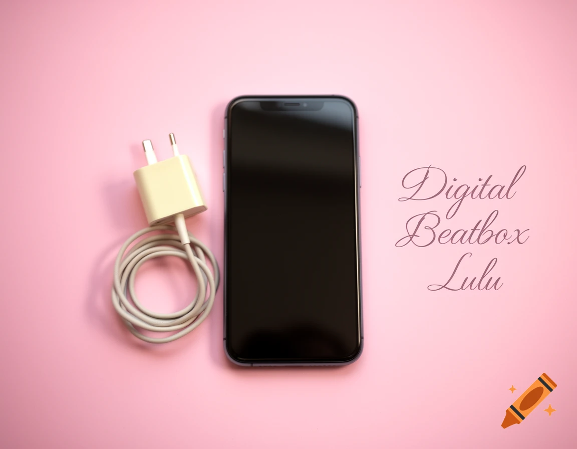 A black smartphone, a coiled white charger, and purple cursive text "Digital Beatbox Lulu" are arranged on a pink background in a top-down view.