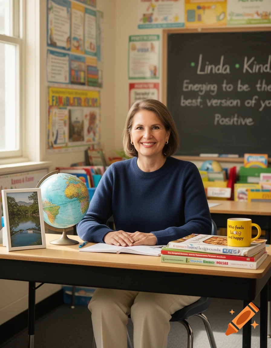 A smiling teacher sits at her desk in a sunlit classroom, with a globe and books beside her.