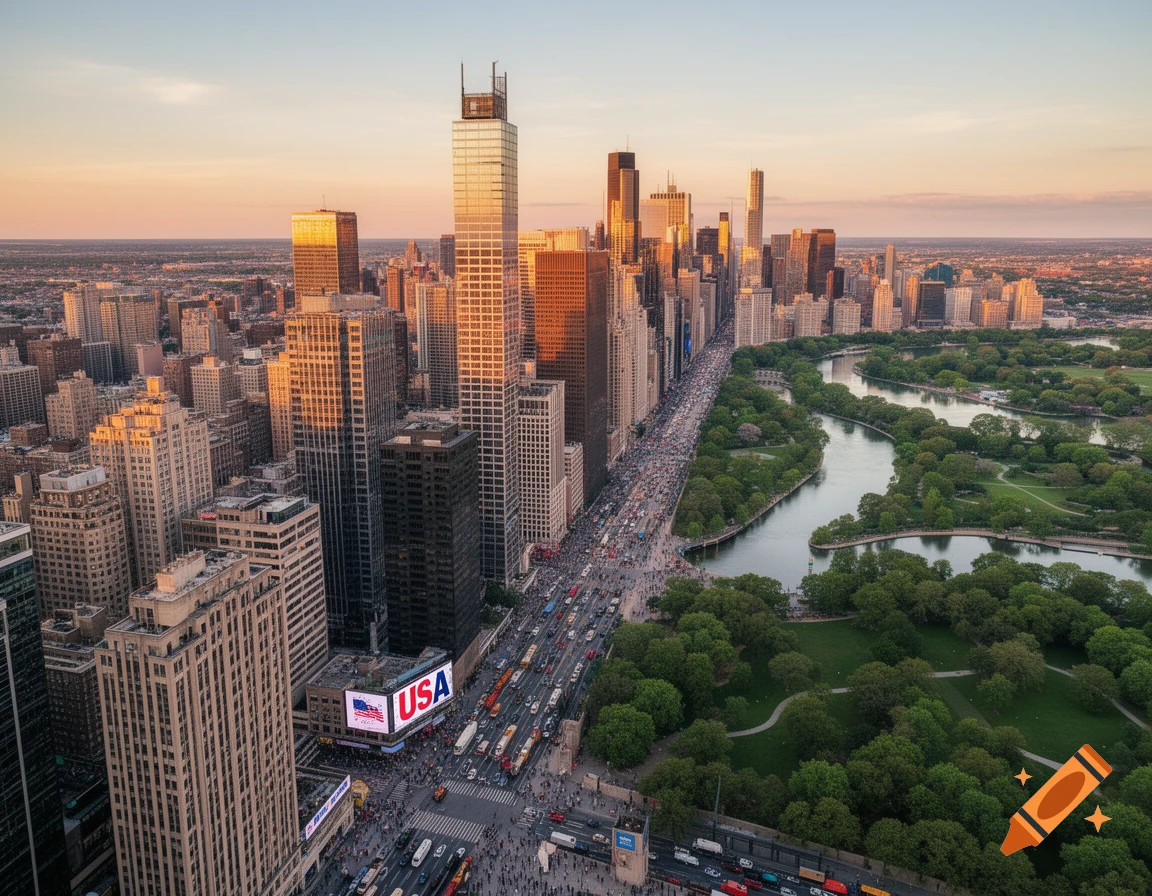 Aerial view of a sprawling cityscape with skyscrapers, a busy highway, a large park with a river, and a billboard displaying 'USA' at sunset.
