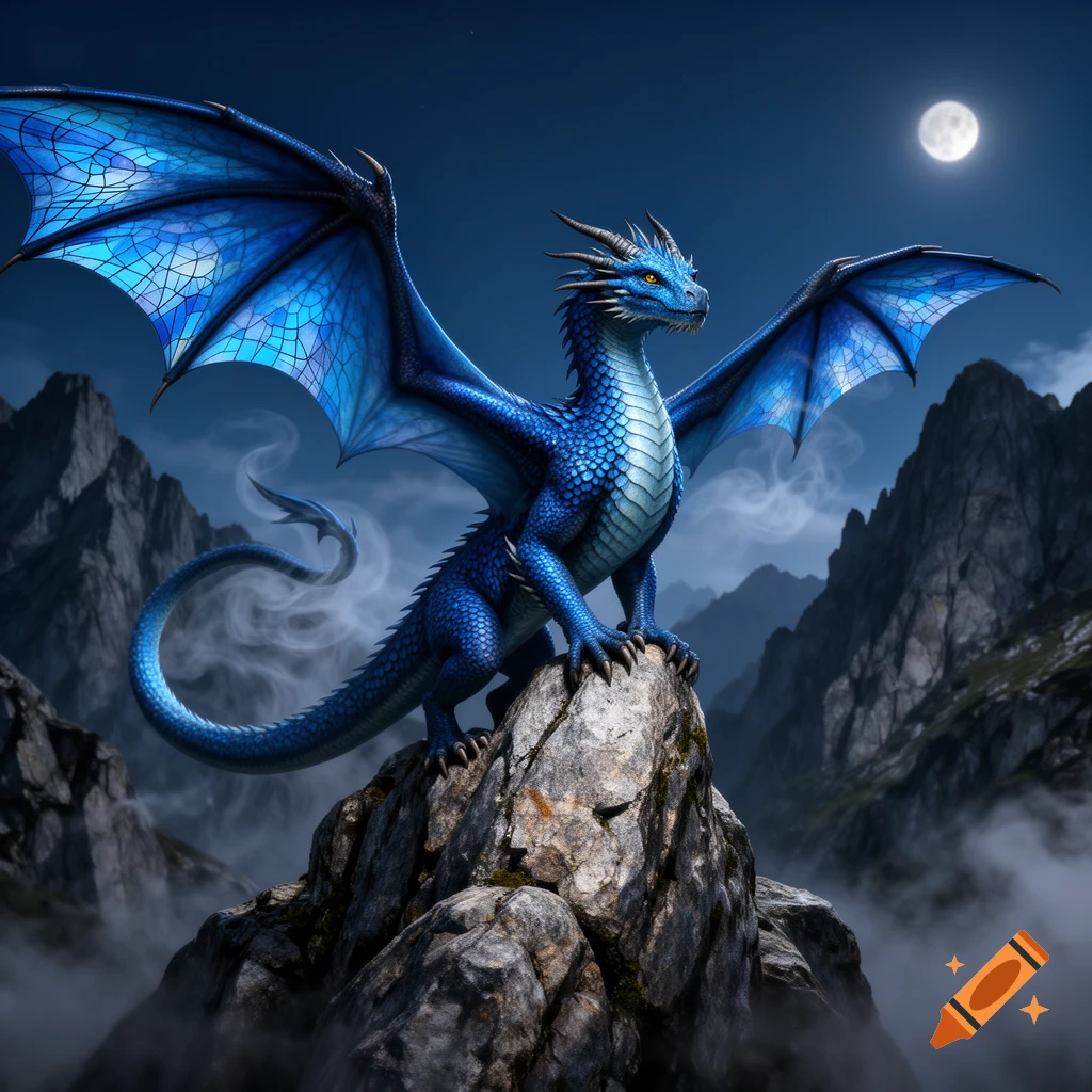 A majestic blue dragon with intricate, patterned wings perches on a rocky mountain peak against a dark, cloudy night sky with a full moon, mist shrouding the valleys.