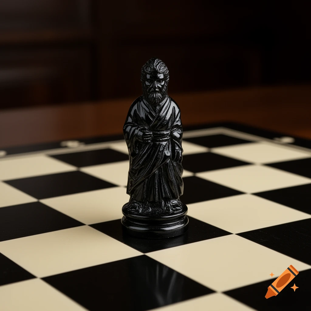 A dark, detailed chess piece resembling a bearded warrior stands on a black and white chessboard.