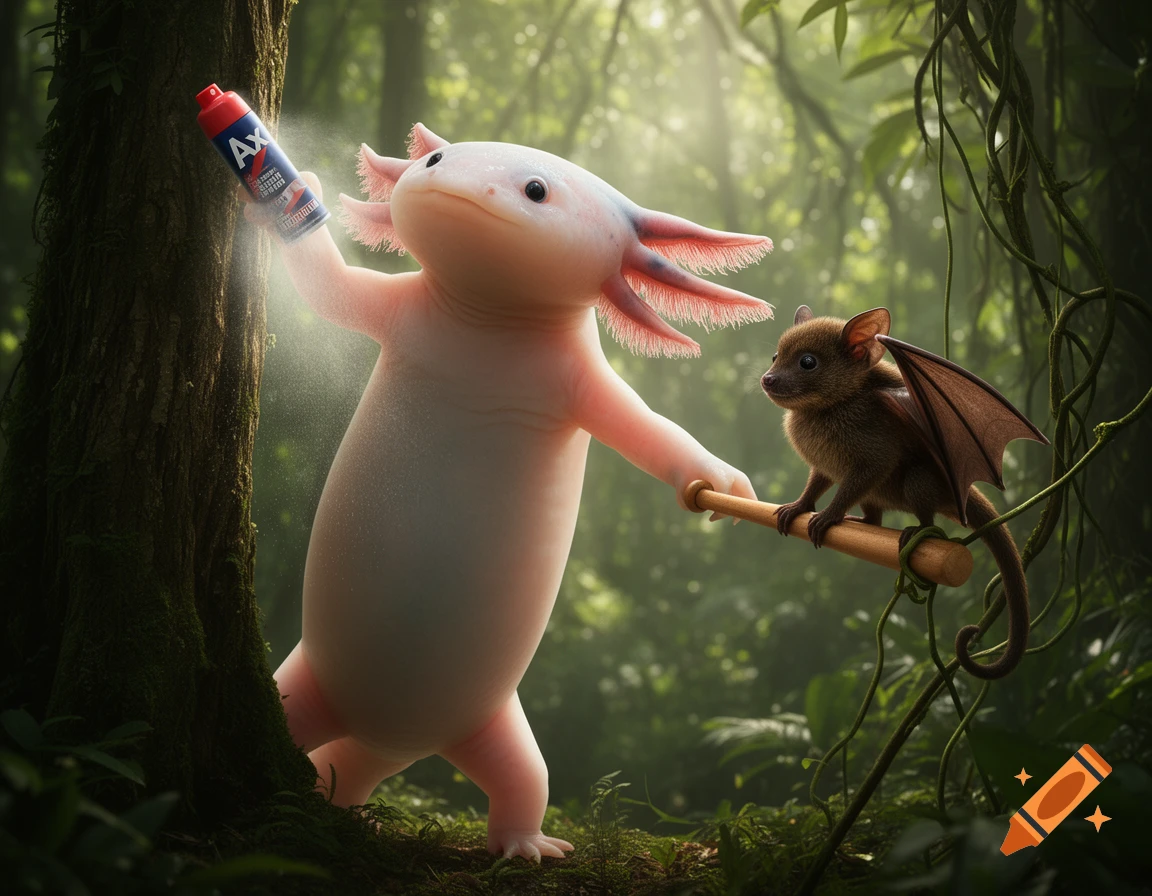 A photorealistic axolotl holds an Axe body spray can, aiming it at a tree. A small bat-like creature with wings sits on a wooden stick nearby in a lush jungle.