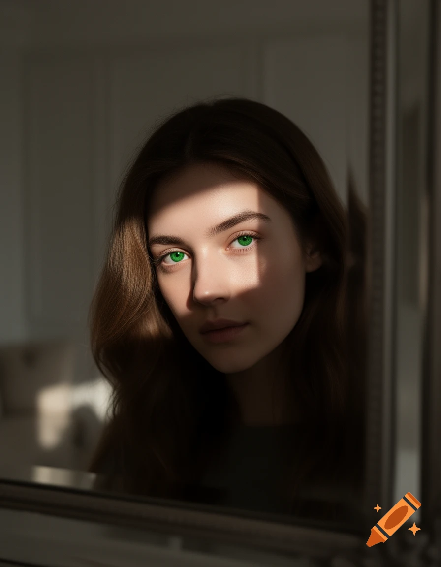 A young woman with bright green eyes looks forward, her face partially illuminated by a strong light source, reflected in a mirror.