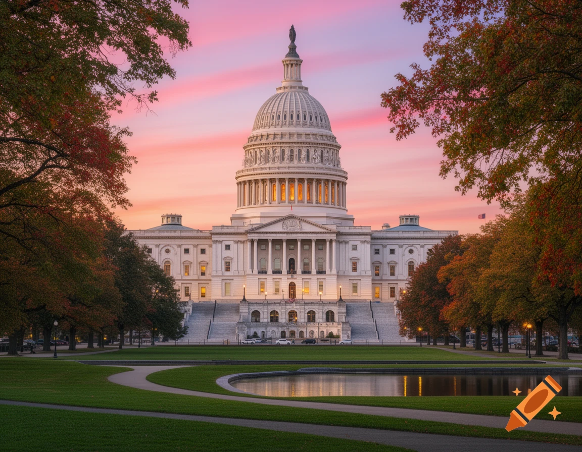 A photorealistic image of the U.S. Capitol Building at sunset, with a pink and orange sky and autumn trees.