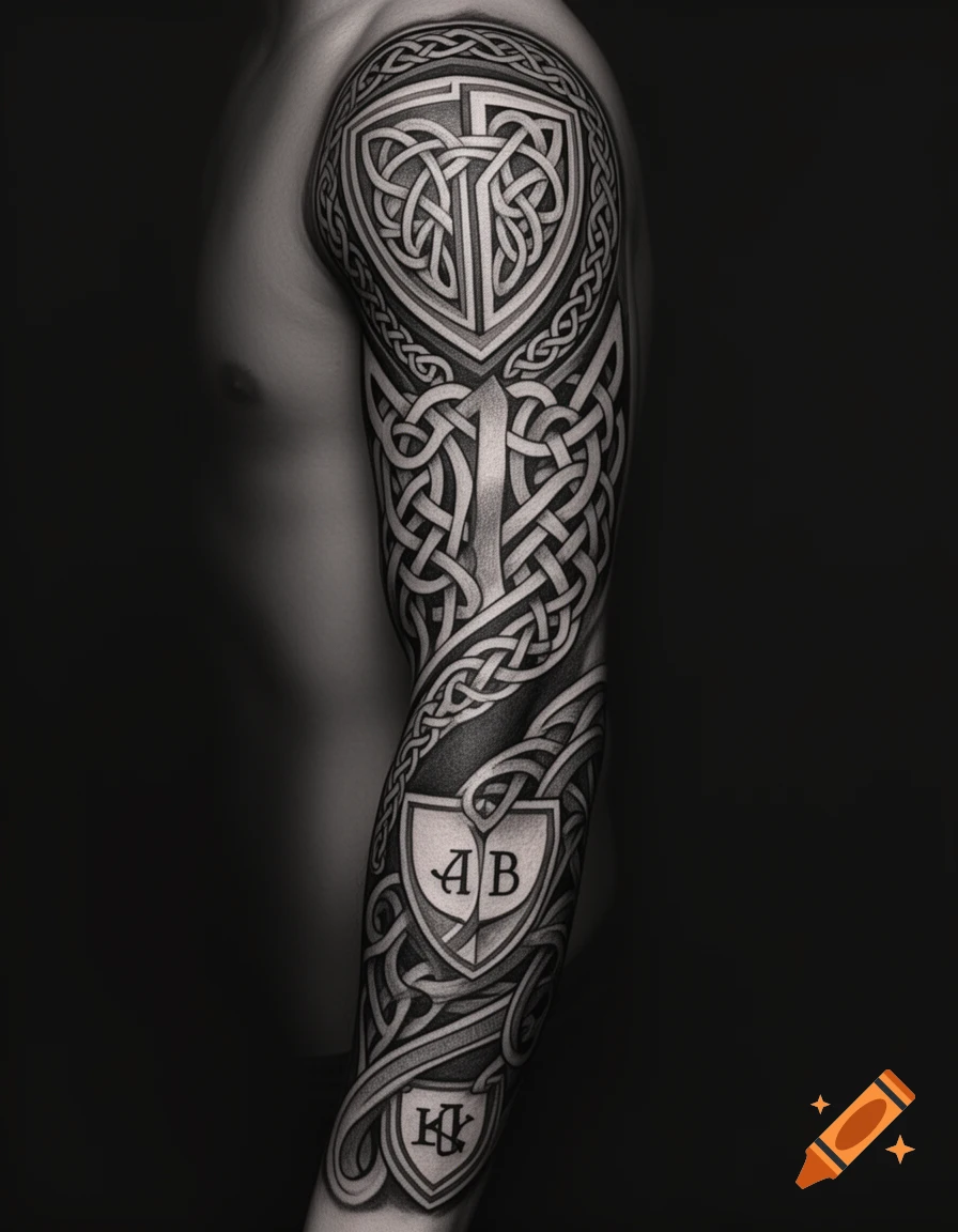 A black and white full sleeve tattoo featuring intricate Celtic knotwork, shields, and letters on an arm.