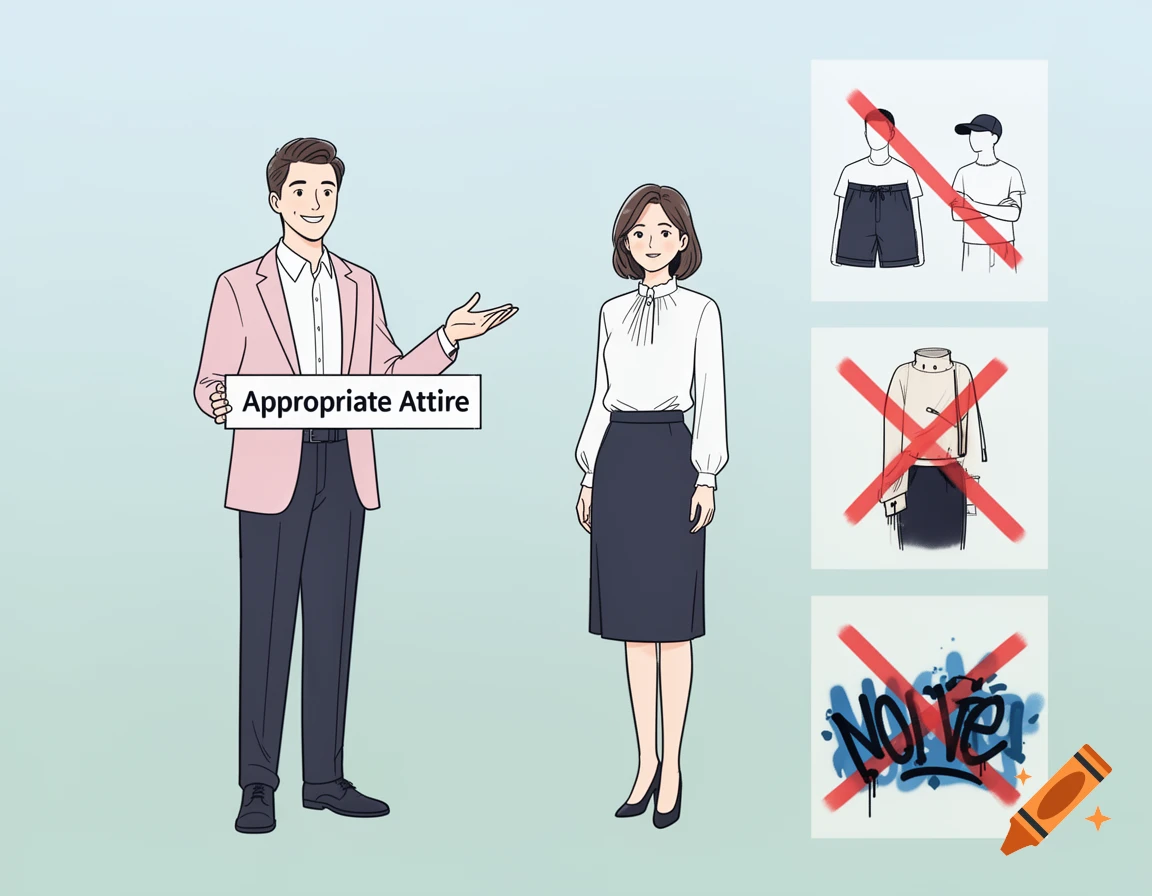 An illustration showing a man and woman in appropriate professional attire. The man holds a sign reading 'Appropriate Attire'. To their right are three crossed-out images depicting casual clothes and graffiti.