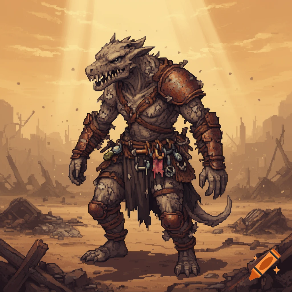 A menacing pixel art reptilian monster with armor stands in a dusty, post-apocalyptic wasteland.