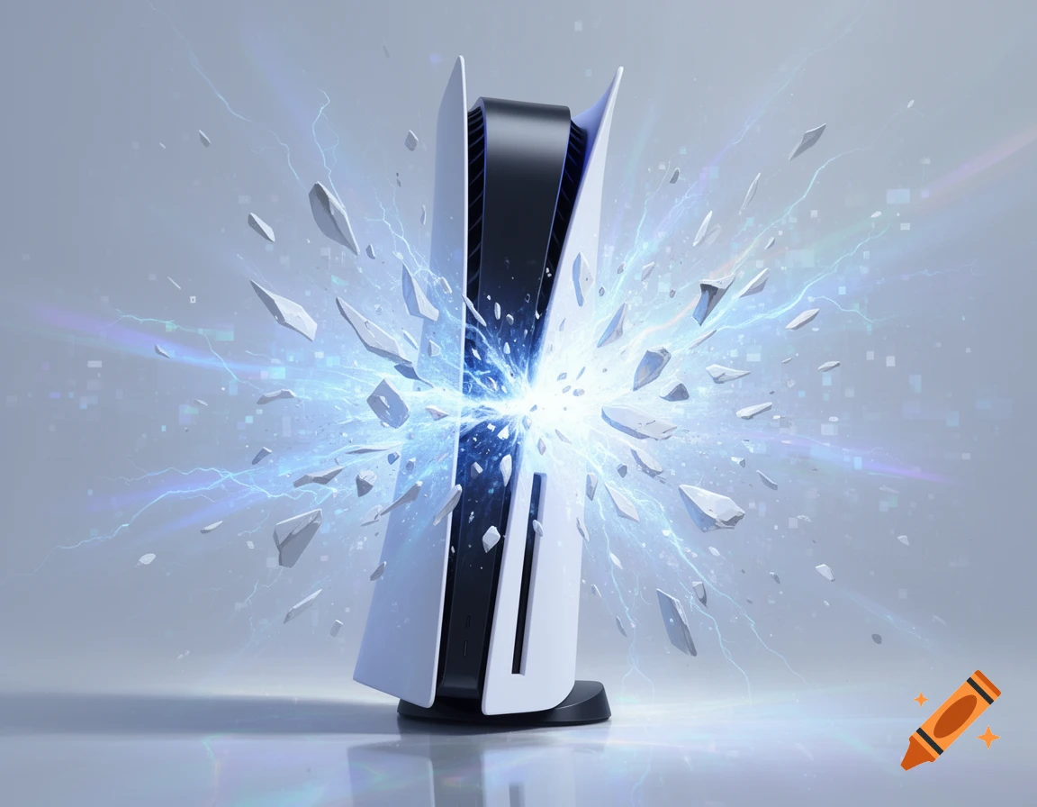 A white and black PlayStation 5 console with a bright blue electrical explosion and shattering fragments from its center.