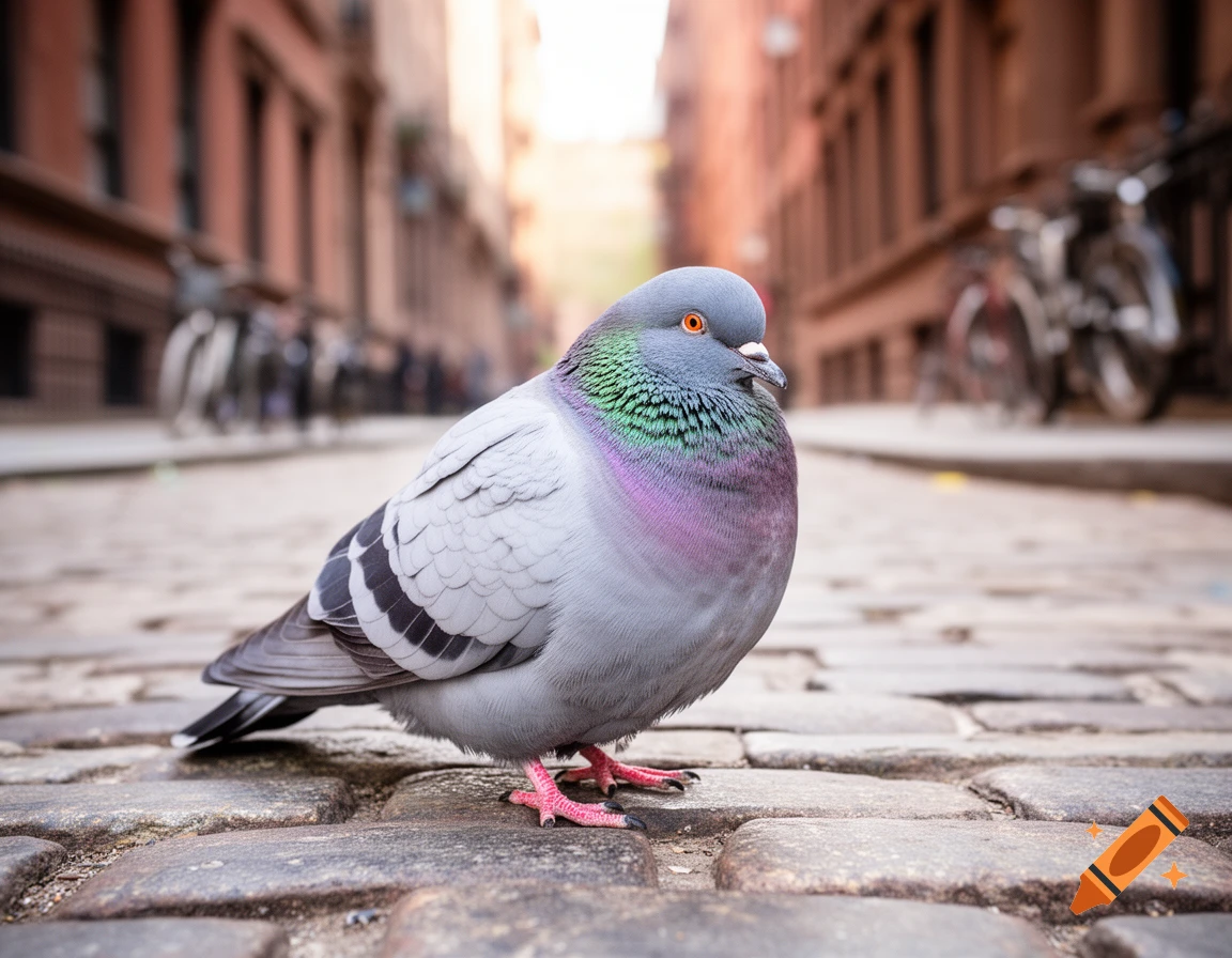 A photorealistic close-up of a pigeon standing on a cobblestone street, with blurry buildings and bicycles in the background.