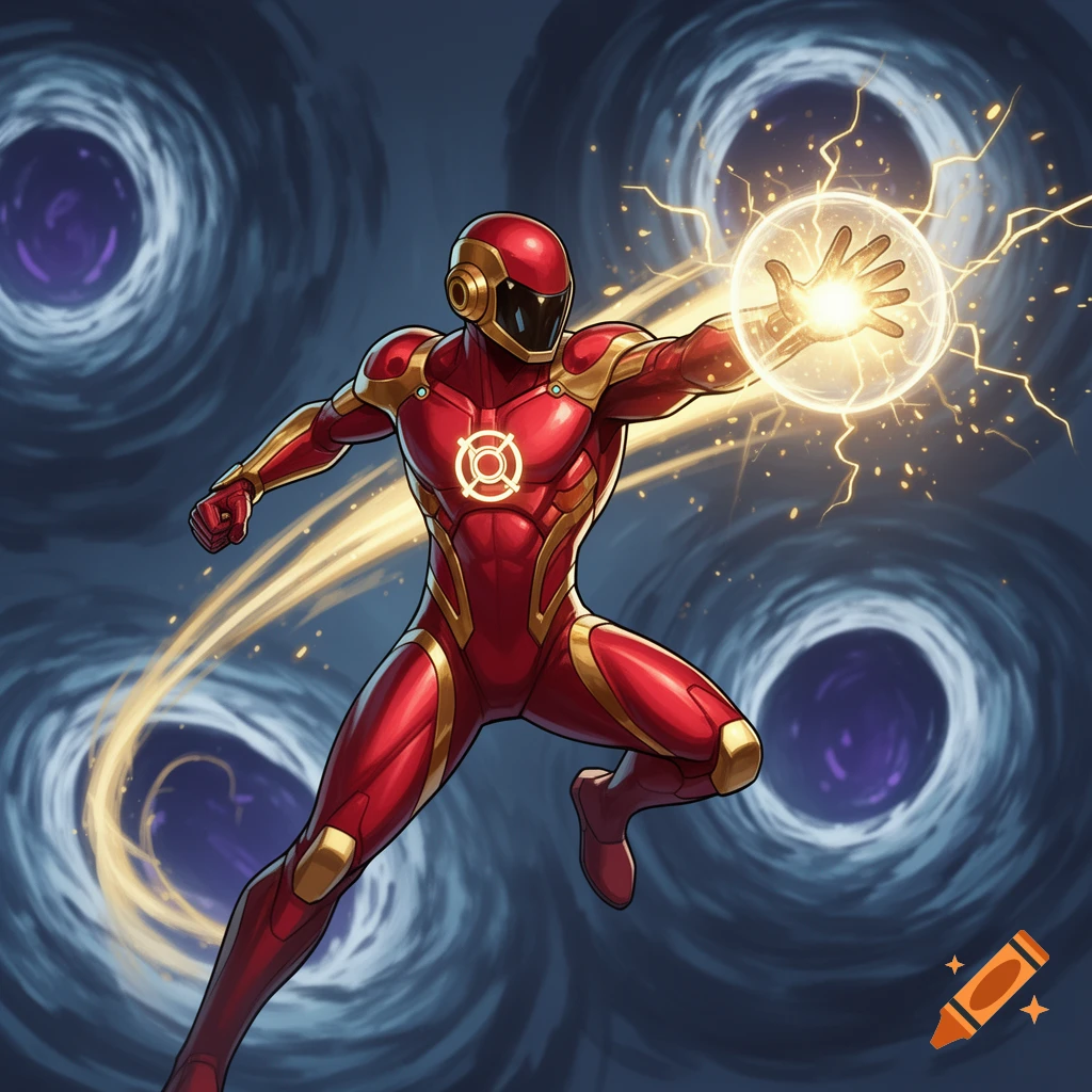A superhero in a red and gold suit with an emblem on his chest, creating an energy blast while flying amidst swirling portals.