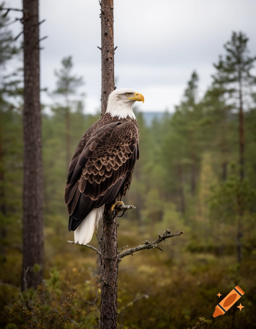 A majestic bald eagle with a white head and dark brown body perches on a bare tree trunk in a lush forest.