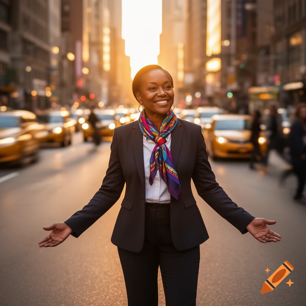 A smiling Black woman in a suit and colorful scarf stands with outstretched arms on a city street at sunset with taxis.