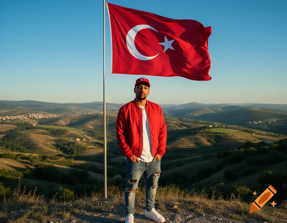 A man in a red jacket and ripped jeans stands on a hilltop, with the Turkish flag flying behind him and a vast green landscape under a clear sky.