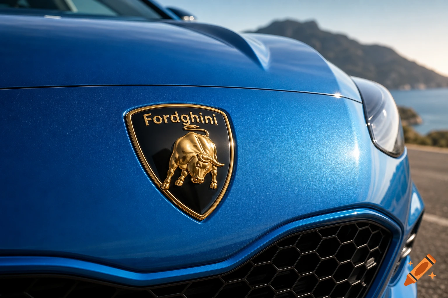 Close-up of a metallic blue car's hood with a gold 'Fordghini' logo featuring a bull, set against mountains and ocean.