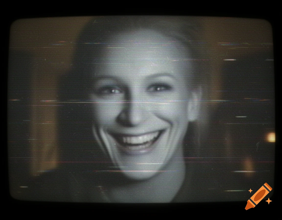 A grainy, vintage-style image of a creepy smiling woman on an old television screen.