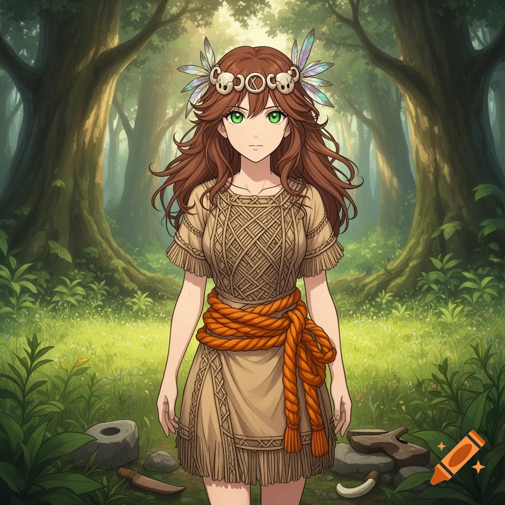 An anime woman in a woven beige dress, orange rope belt, and a skull-adorned headband stands in a lush forest.
