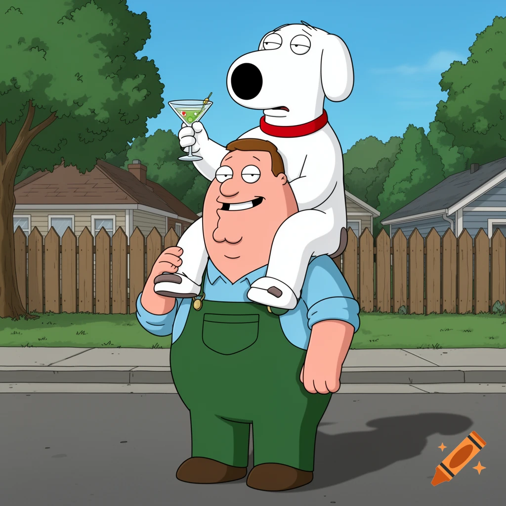 Peter Griffin carries Brian Griffin on his shoulders, with Brian holding a martini, in a cartoon style.