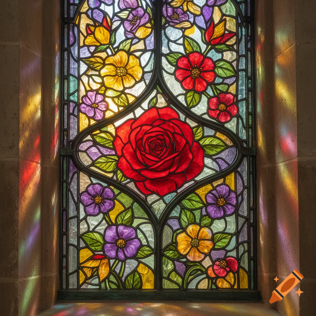 Vibrant floral stained glass window with a large red rose, colorful flowers, and sunlight casting rainbow patterns on a stone frame.