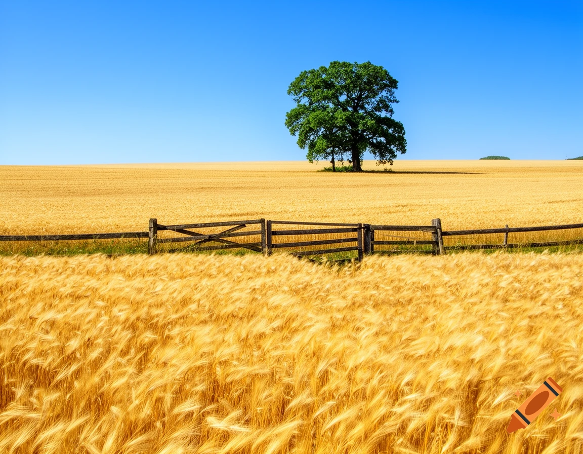 A golden wheat field stretches under a clear blue sky, with a rustic wooden fence and a lone green tree in the distance.