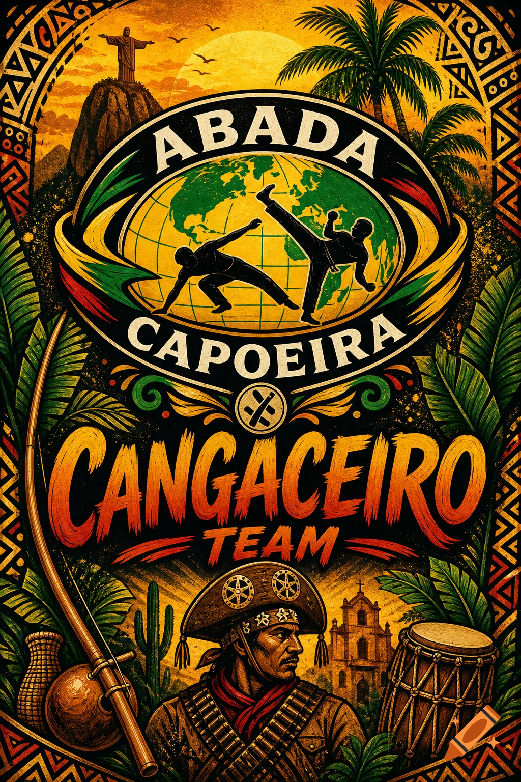 A vibrant vintage-style poster for 'ABADA CAPOEIRA CANGACEIRO TEAM' featuring Christ the Redeemer, martial artists, and a Cangaço figure.