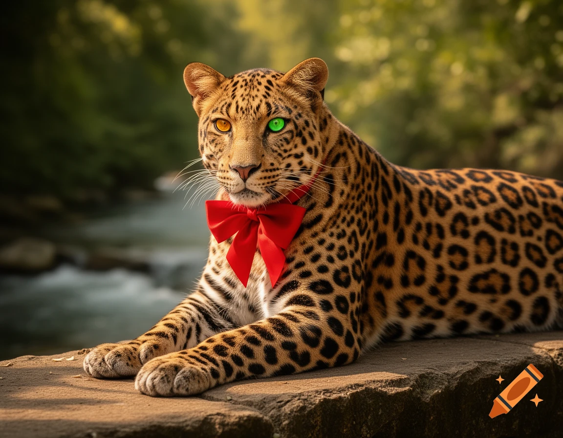 A photorealistic leopard with one green eye and one amber eye, wearing a red bow tie, resting on a stone wall by a river in a forest.