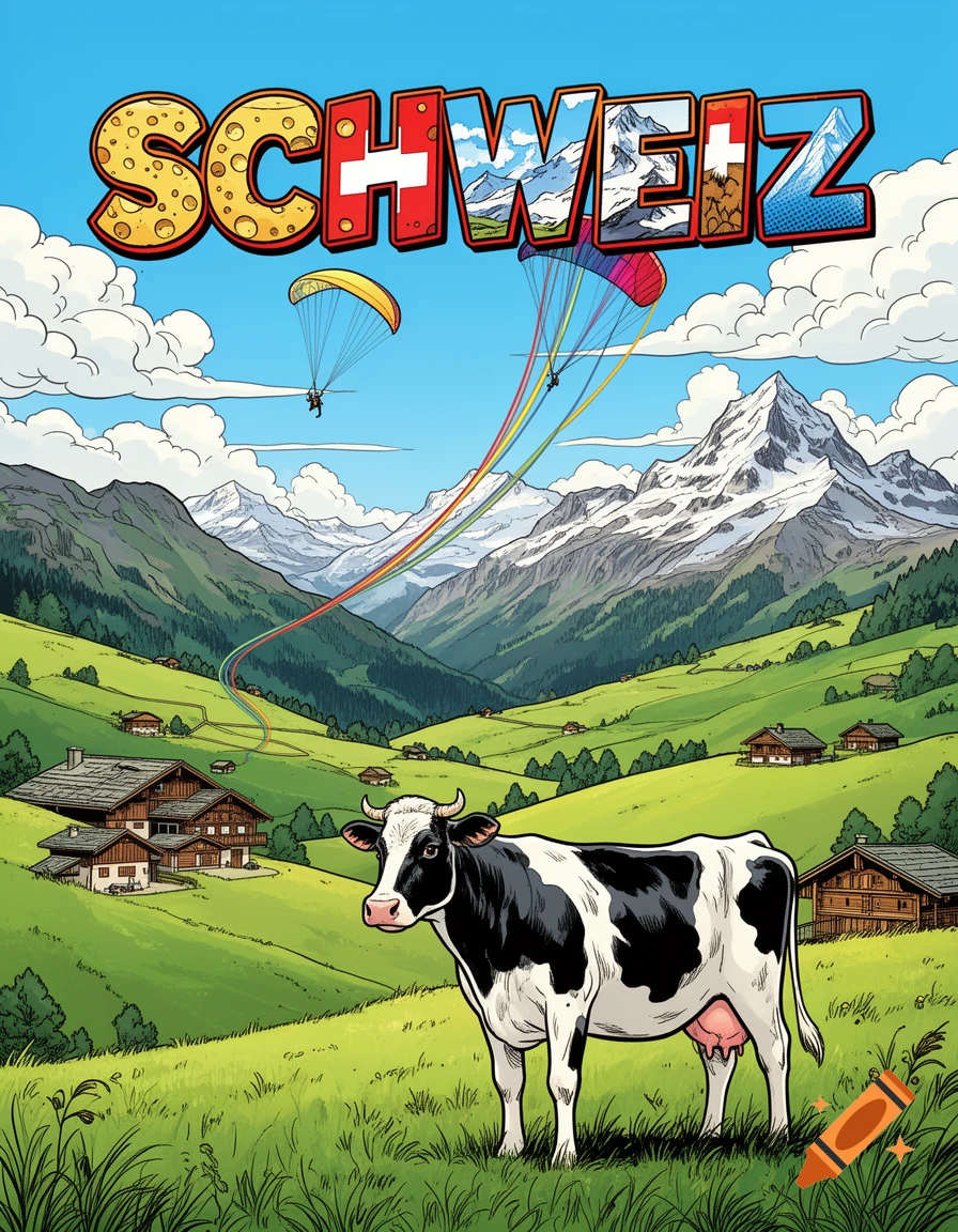 Comic-style image of a black and white cow in a green mountain valley with chalets, paragliders, and 'SCHWEIZ' text.