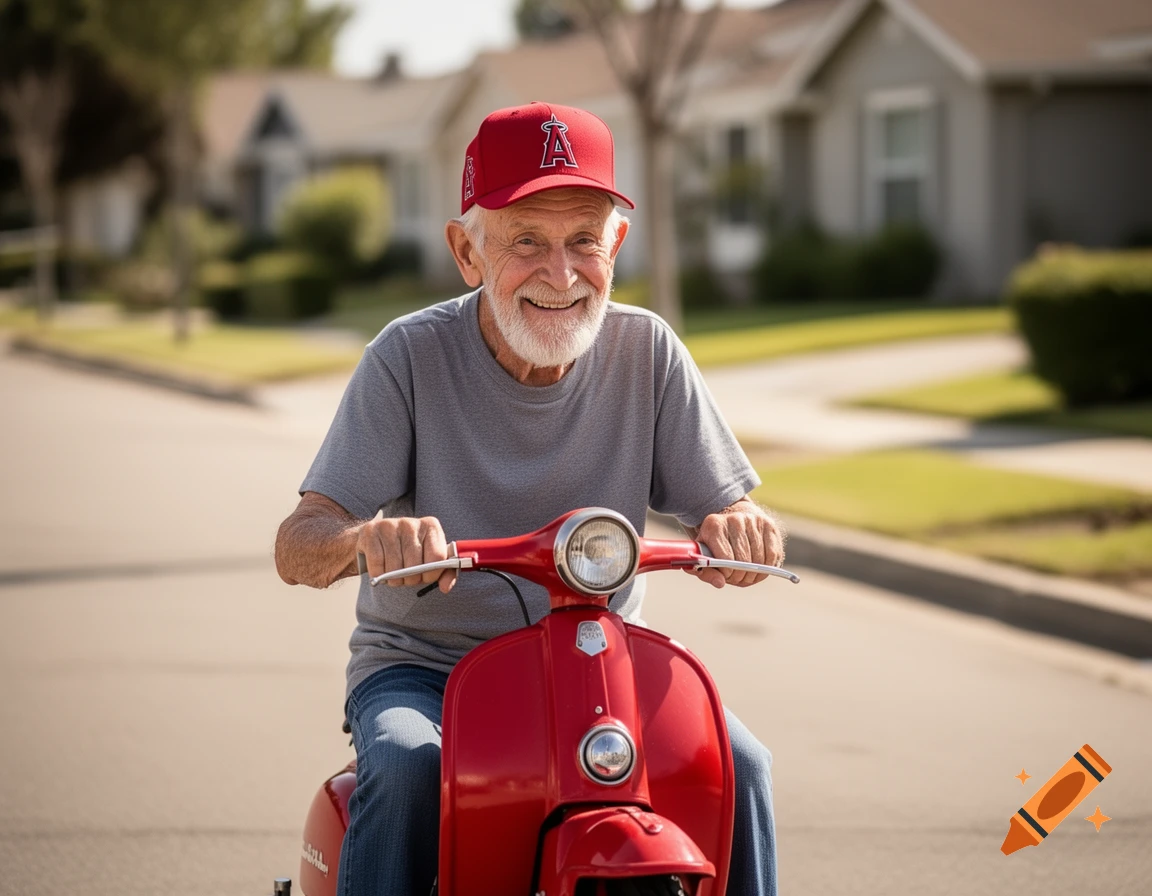 A smiling elderly man with a white beard and a red baseball cap rides a red motor scooter down a suburban street.