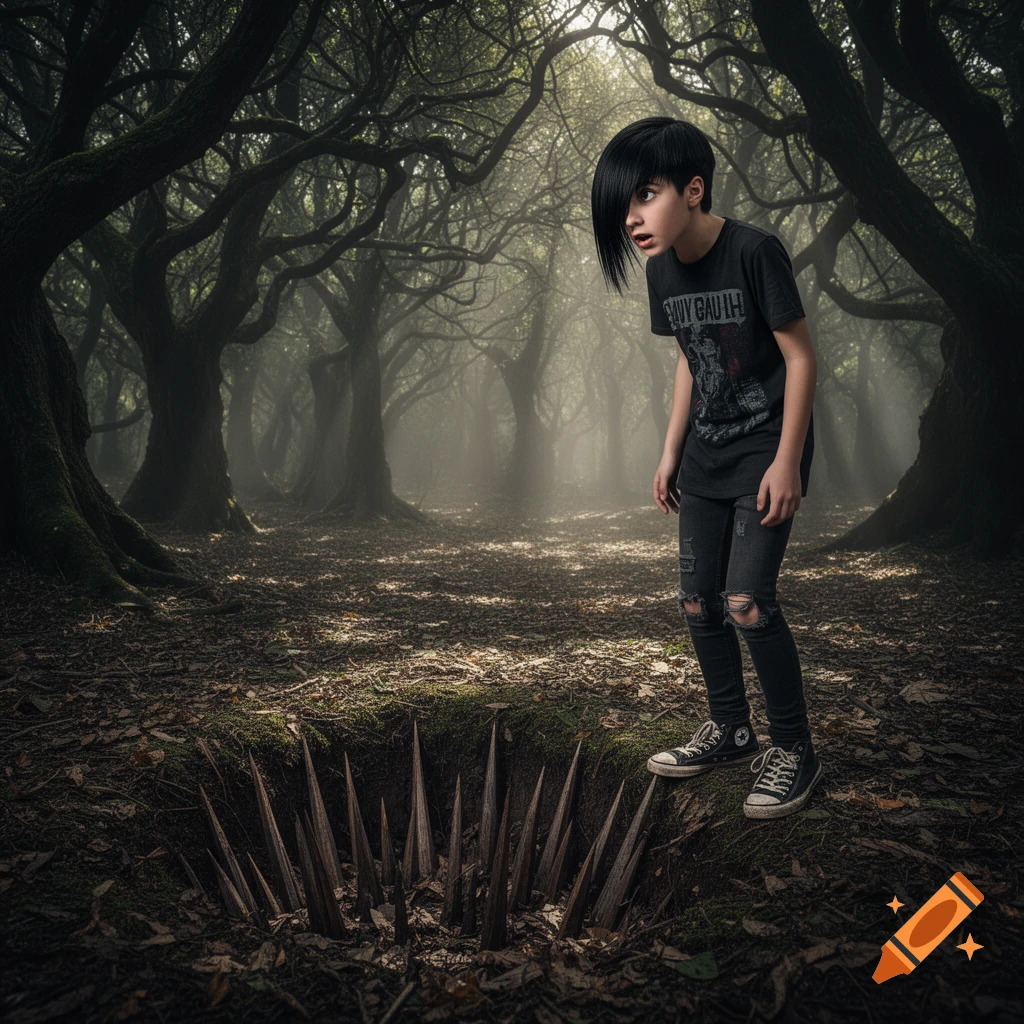 An emo boy with black hair and ripped jeans looks into a spike pit in a dark, misty forest, in a photorealistic style.