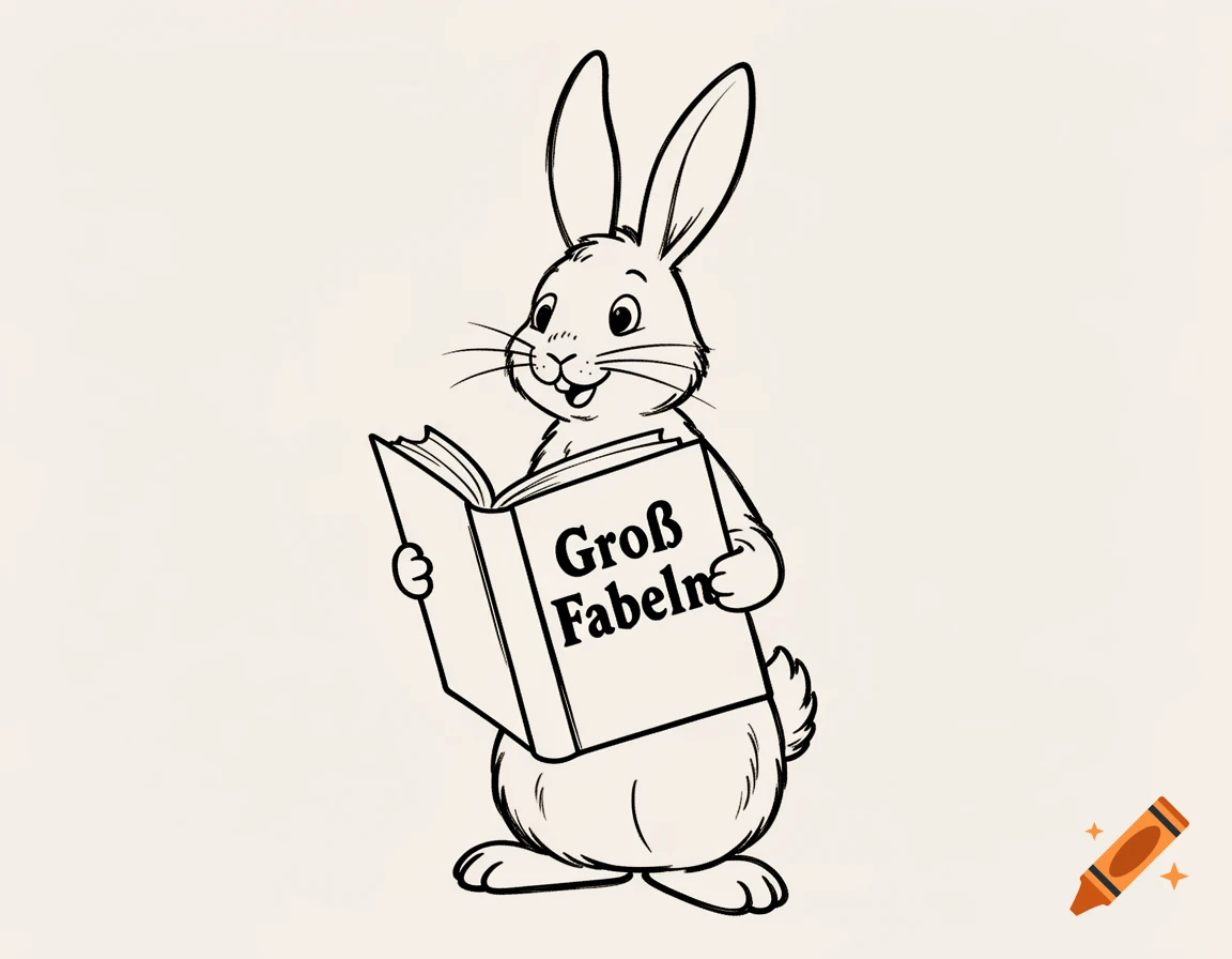 A black and white line drawing of a smiling cartoon rabbit holding an open book titled "Gro Fabeln".