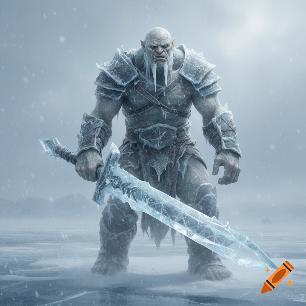 A powerful ice troll warrior in icy armor holds a glowing ice sword on a frozen landscape in a snowstorm.