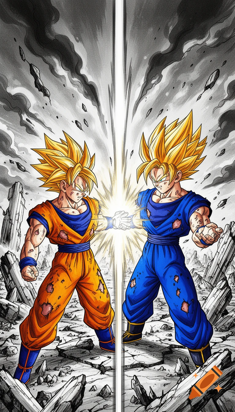 Two Super Saiyan Goku characters in orange and blue clash energy in a destructive manga landscape.