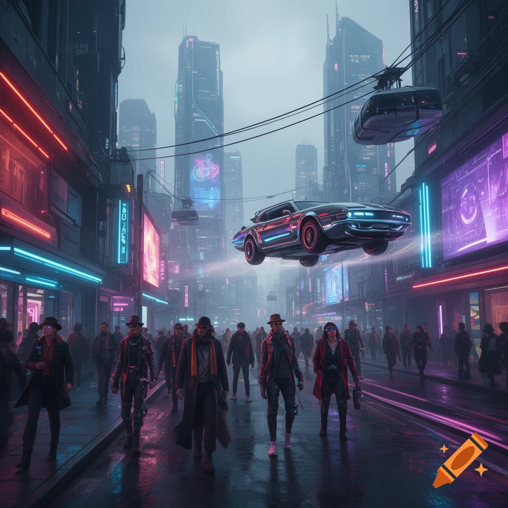 A bustling cyberpunk city street at night with neon lights illuminating pedestrians and a sleek flying car above, showcasing towering futuristic buildings.