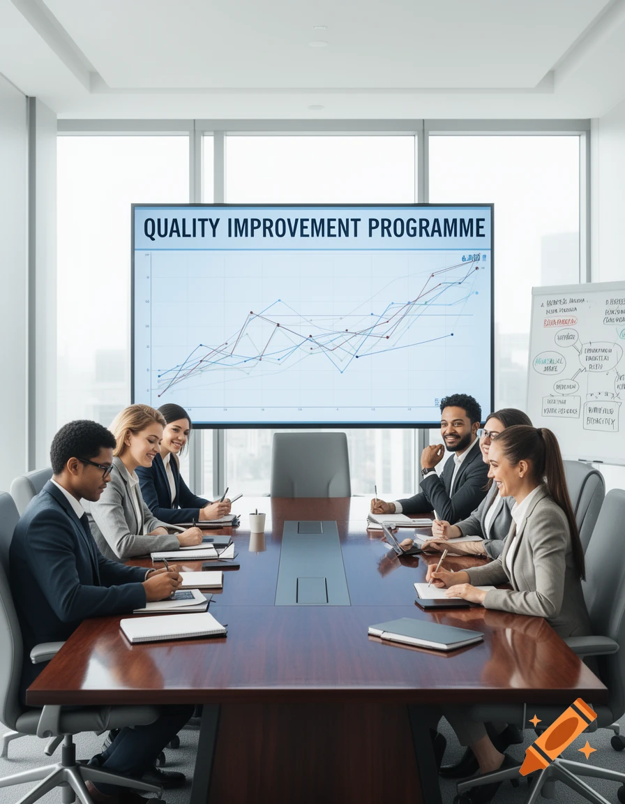 Six diverse professionals attend a conference meeting, observing a screen displaying a 'QUALITY IMPROVEMENT PROGRAMME' chart.