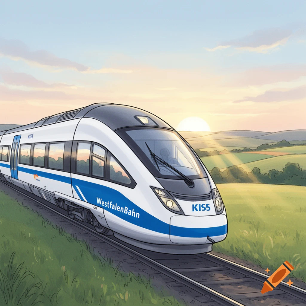Modern white and blue WestfalenBahn KISS train on tracks in a green countryside at sunset, illustration.