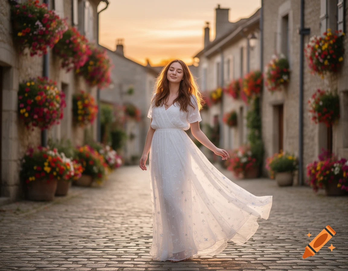 A woman in a flowing white dress stands on a cobblestone street lined with flower-filled buildings at sunset.