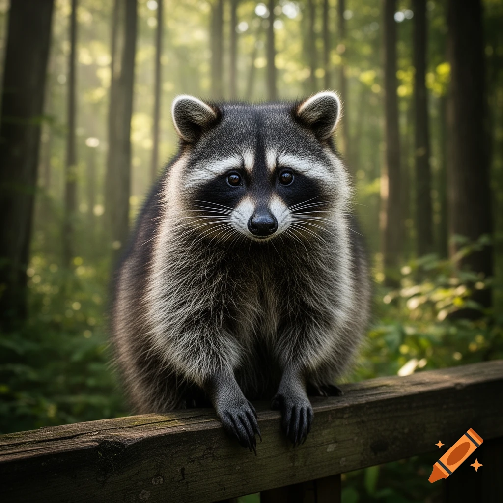 A photorealistic raccoon sits on a wooden fence post in a lush, sunlit forest.