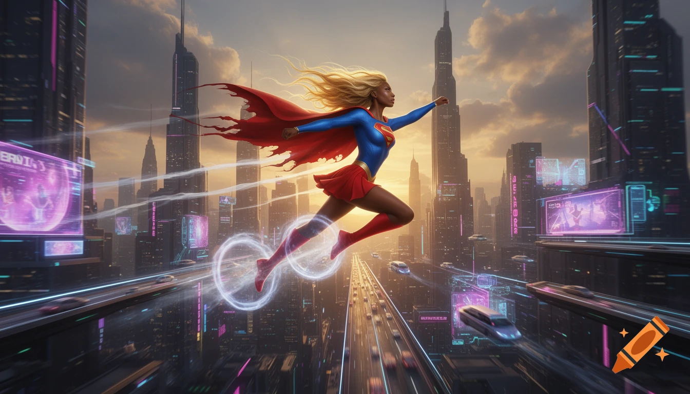 An Afro-Nubian Supergirl with blonde hair and a red cape flies fiercely through a futuristic metropolis at golden sunset, with hovering traffic and holographic billboards.