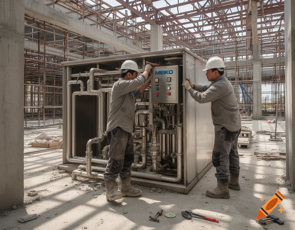 Two construction workers in hard hats install a control panel on a large metal unit with pipes at a photorealistic construction site with scaffolding.