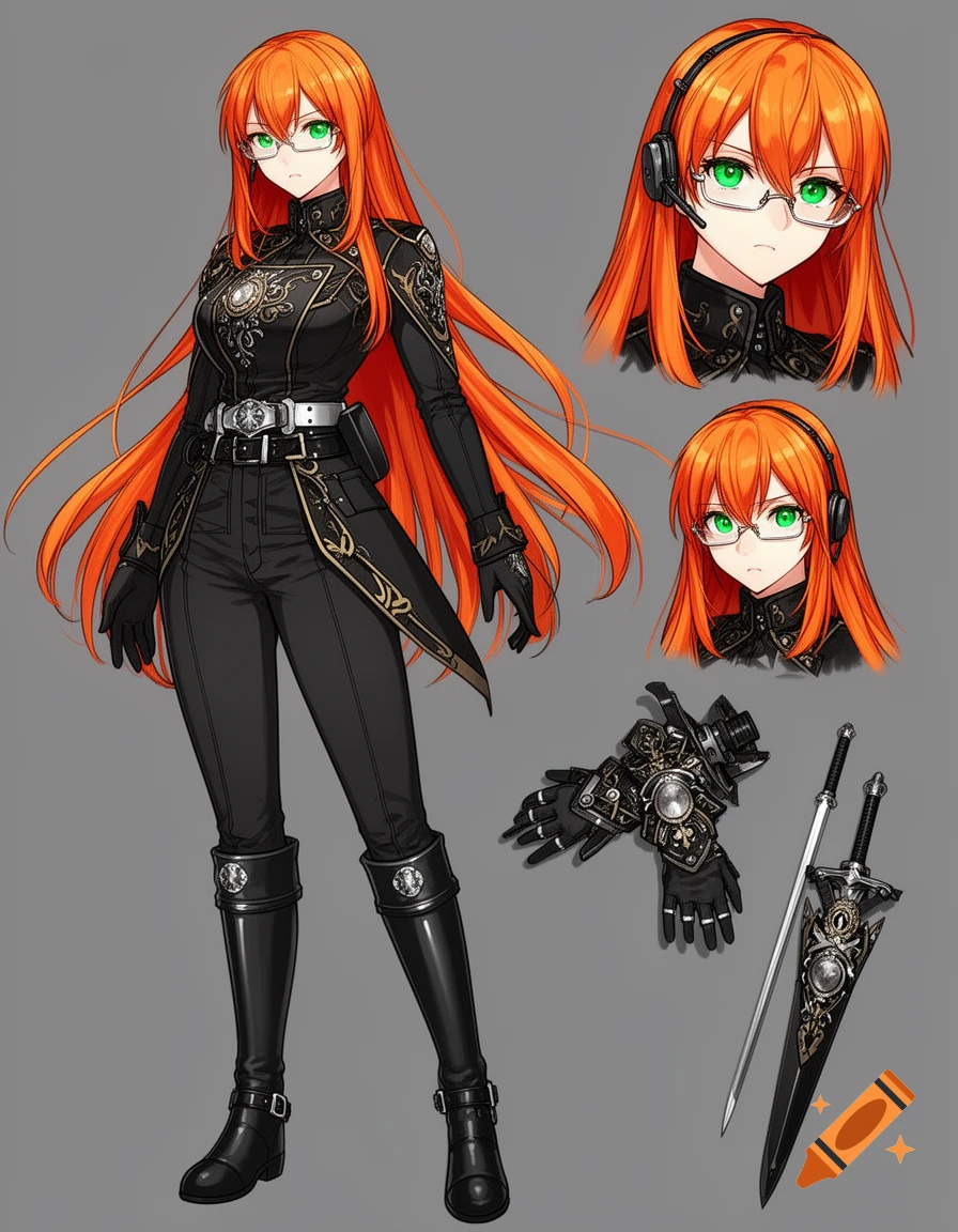 Anime girl with long ginger hair, green eyes, and glasses in a black fantasy military outfit character design reference sheet.