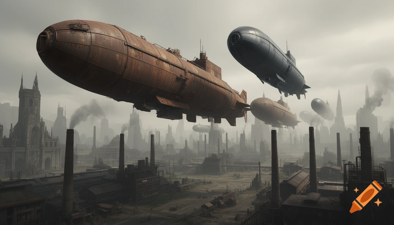 Photorealistic image of rusty, cylindrical flying submarines hovering over a sprawling, smoky industrial steampunk city.