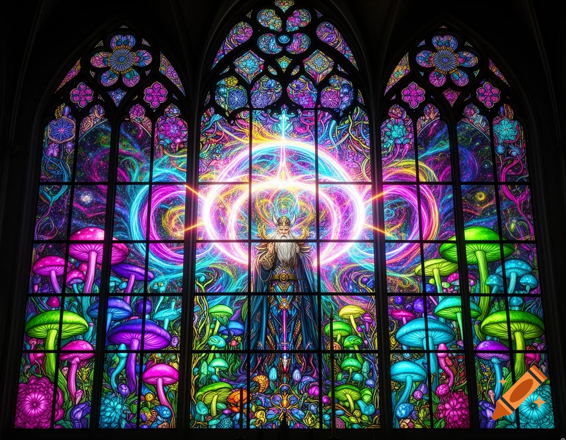 A vibrant, psychedelic stained glass window depicting a wizard amidst glowing neon portals, colorful mushrooms, and cosmic patterns.