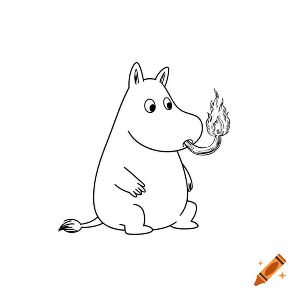 A simple line art drawing of a Moomin-like creature with a smiling face, sitting and breathing a small flame from its mouth.