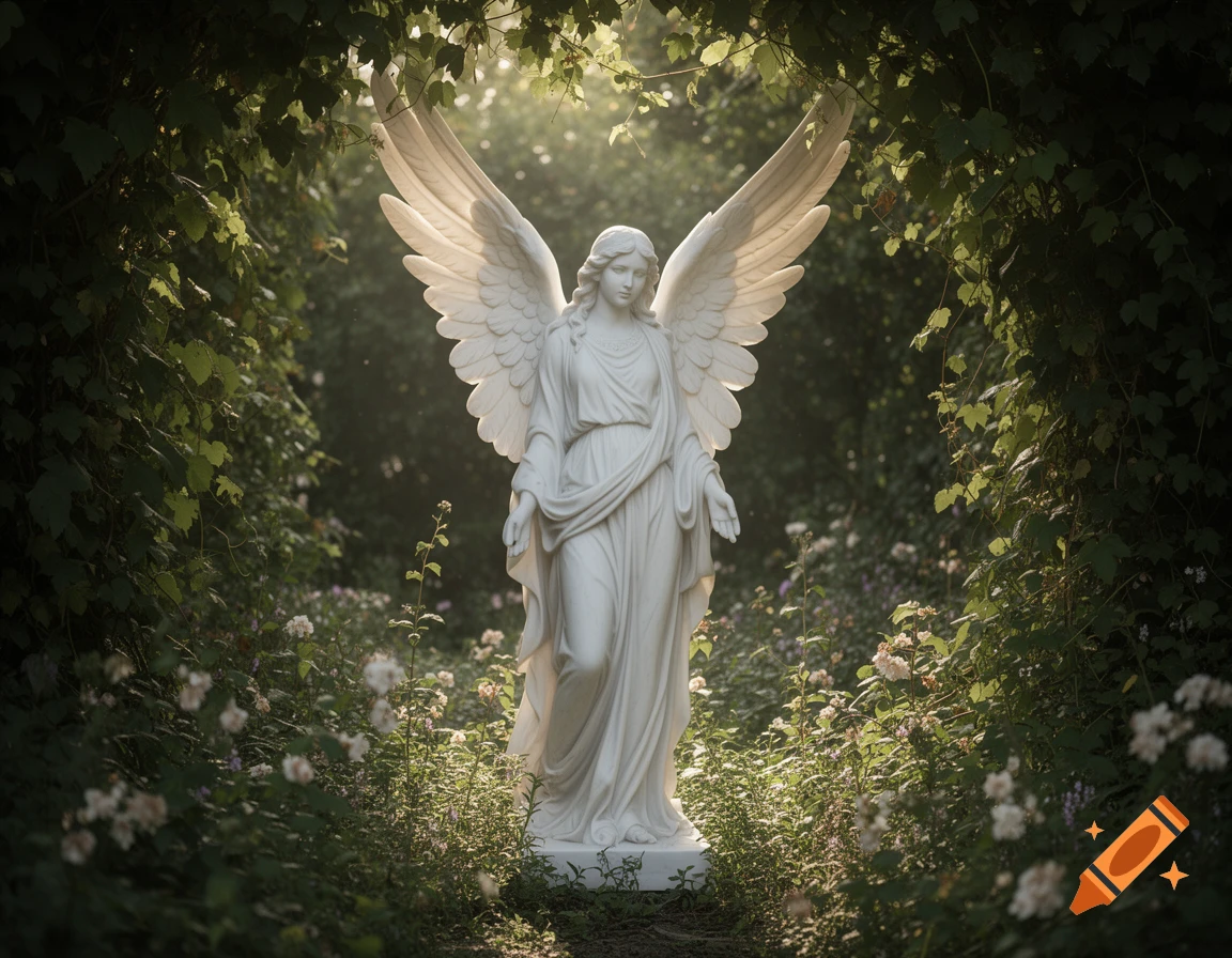 Photorealistic white marble statue of an angel with large wings, surrounded by lush green foliage and sunlit white flowers.