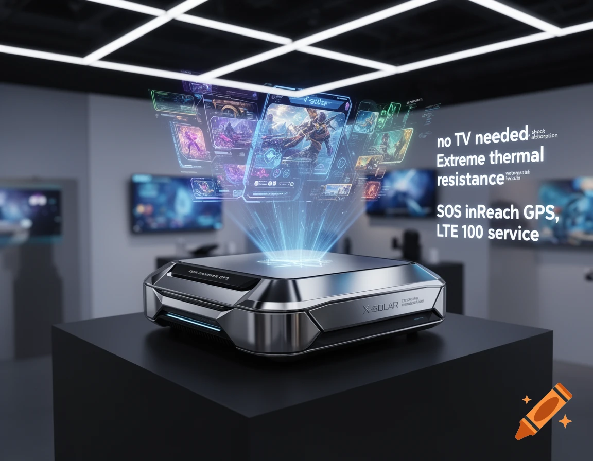 A futuristic X-Solar gaming console with a holographic display showing games and features, set in a modern showroom.