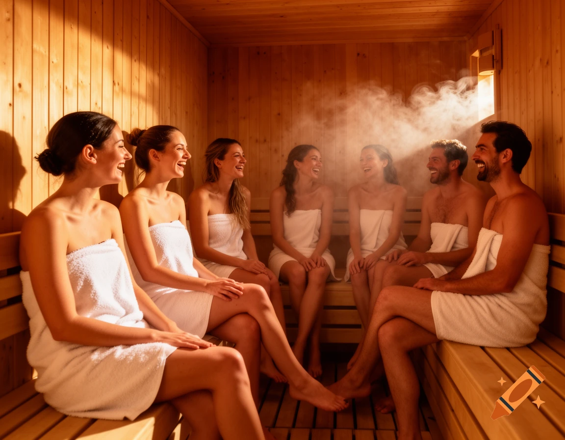 A group of smiling friends, men and women, relaxing in white towels in a steamy wooden sauna.