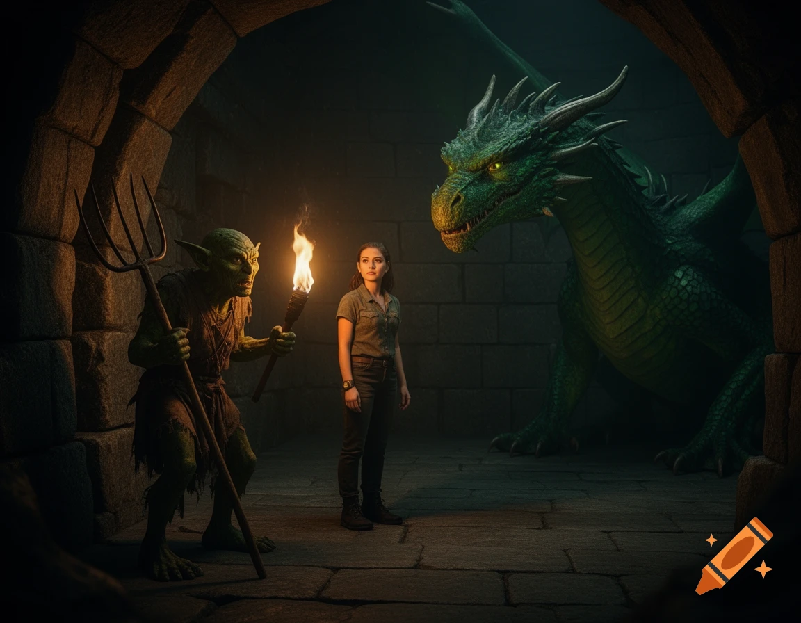 A goblin with a pitchfork and a woman with a torch face a large green dragon in a dark, stone dungeon. Photorealistic style.