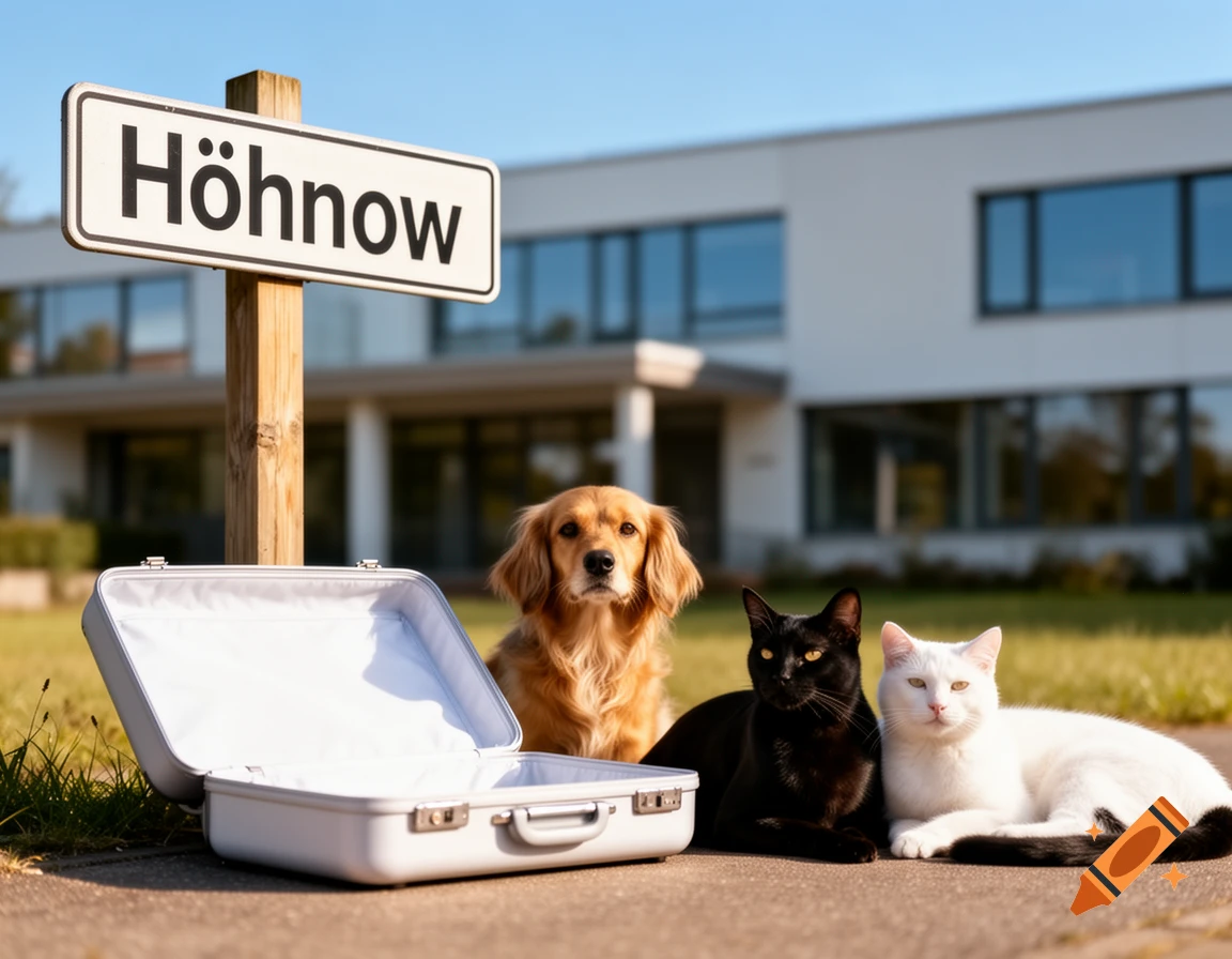 A golden retriever, black cat, and white cat sit by an open suitcase and 'Höhnow' sign in front of a modern building.