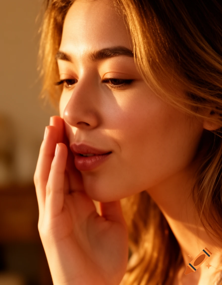 Close-up of a woman with golden light, gently touching her cheek.